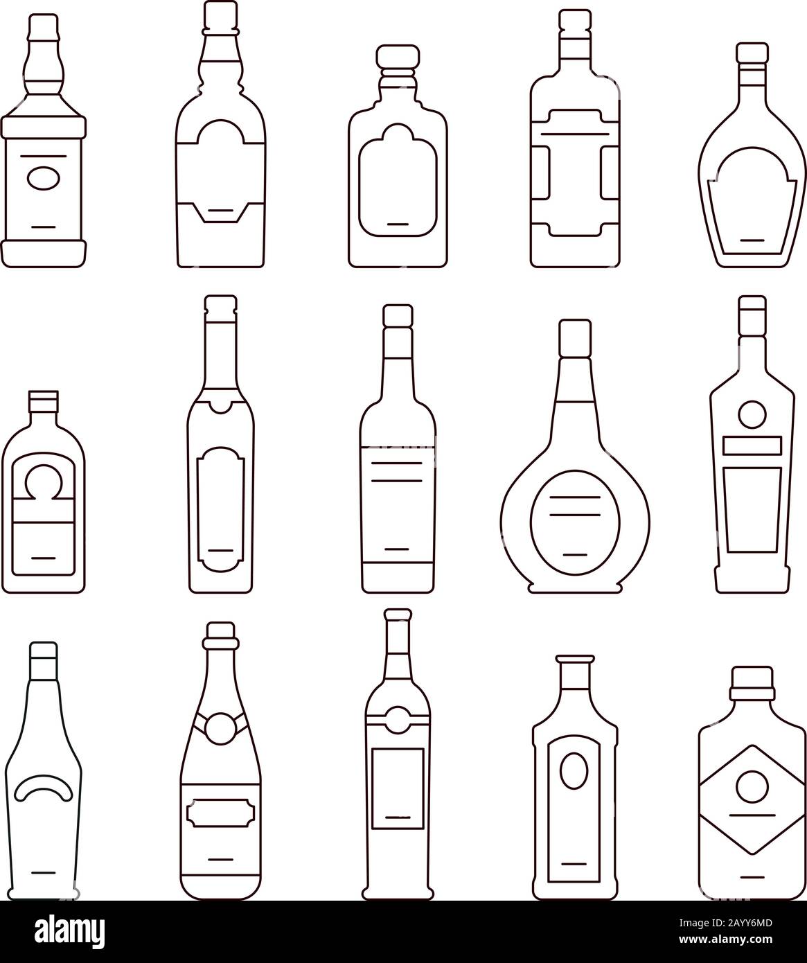 Bouteilles de boissons alcoolisées. Types de bouteilles de contour d'alcool, jeu d'icônes bouteilles illustration vectorielle Illustration de Vecteur