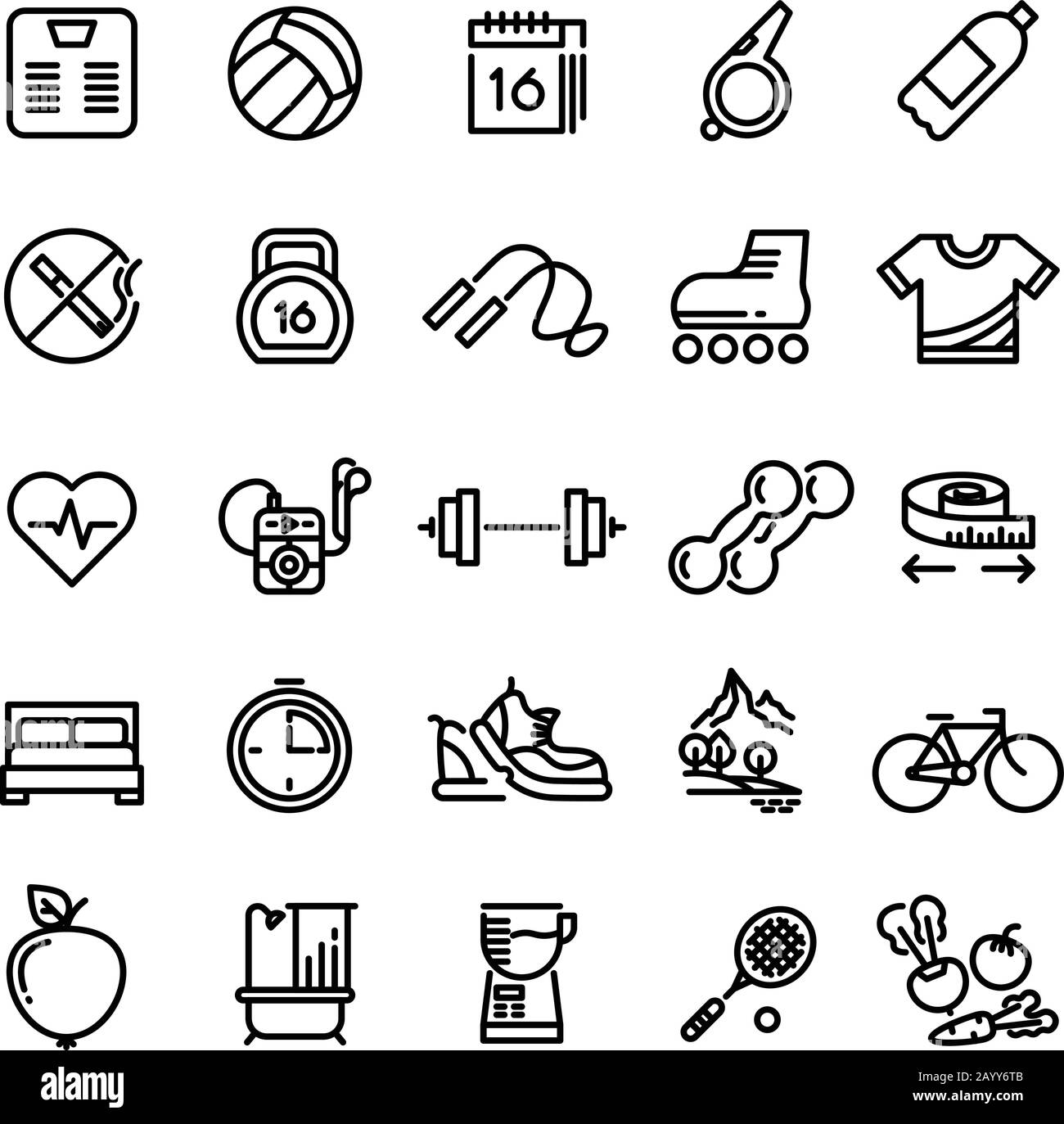 Icônes vectorielles du sport de santé physique. Haltère et vélo pour l'entraînement, chronomètre et calenda de style linéaire Illustration de Vecteur