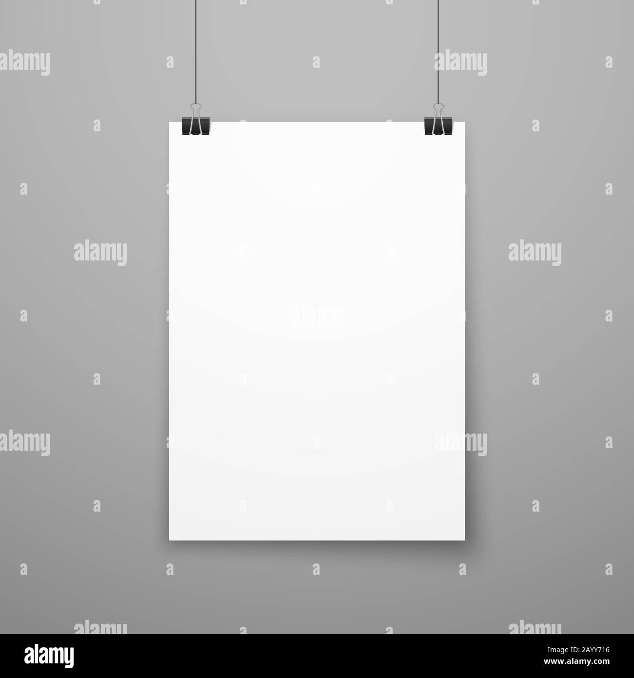 Poster blanc blanc réaliste suspendu sur maquette vectorielle murale. Modèle de page de bannière pour l'illustration de l'exposition Illustration de Vecteur