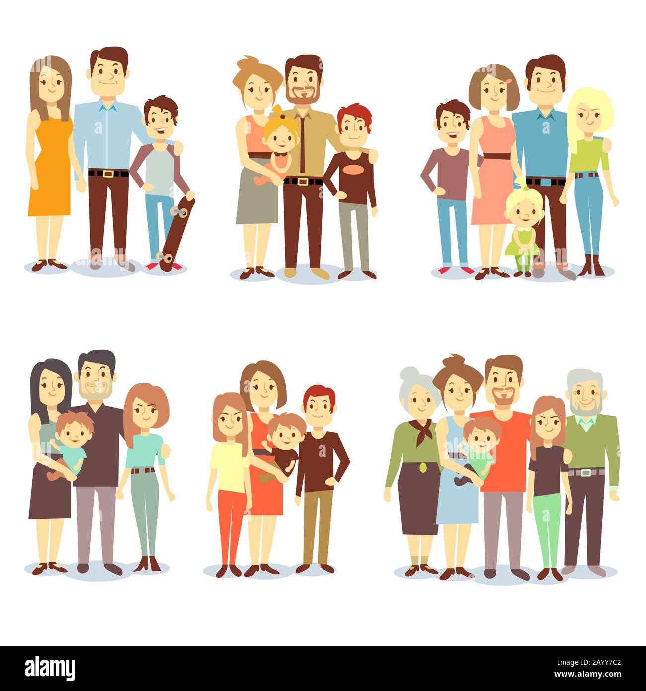 Familles différents types icônes vectorielles plates. Ensemble de famille heureuse, illustration de groupes différentes familles Illustration de Vecteur