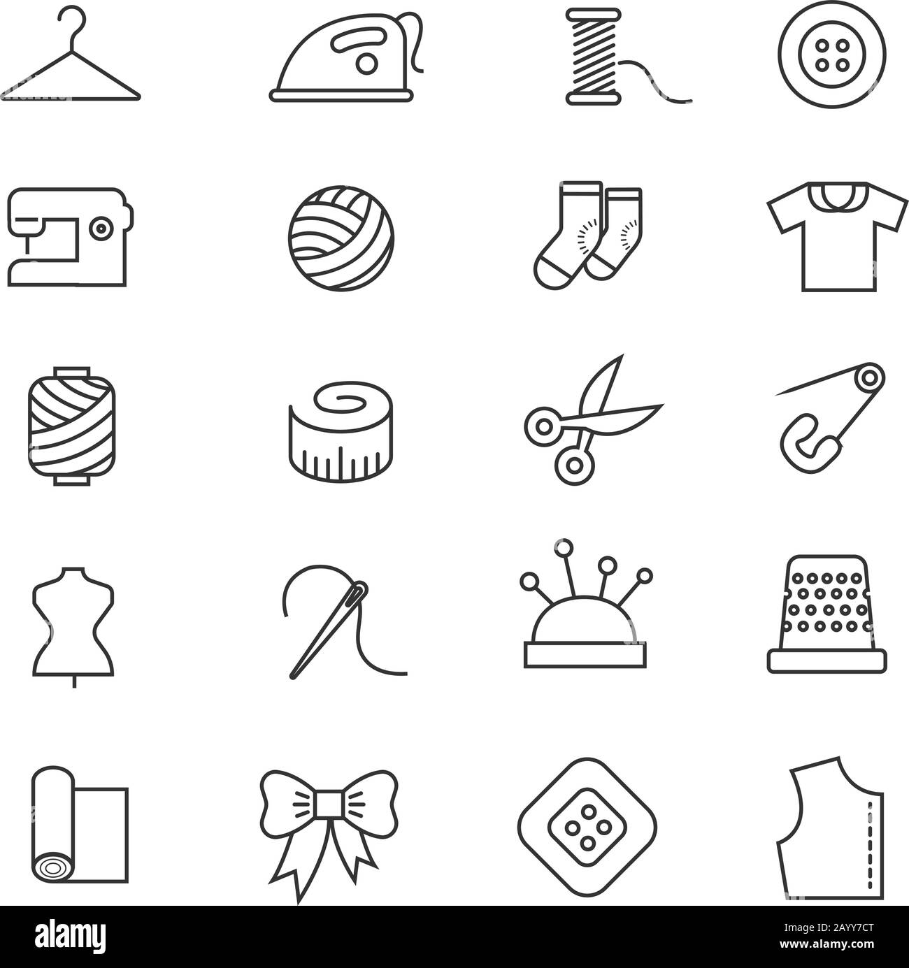 Tissu à lignes fines, couture, tailleur, tricotage des icônes vectorielles. Jeu d'accessoires pour illustration de passe-temps faite à la main Illustration de Vecteur