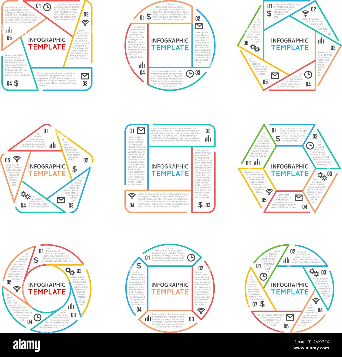 Éléments vectoriels infographiques de ligne fine pour la présentation commerciale avec options étapes et processus de pièces. Graphiques d'illustration sous forme d'hexagone, de pentagone et de carré Illustration de Vecteur