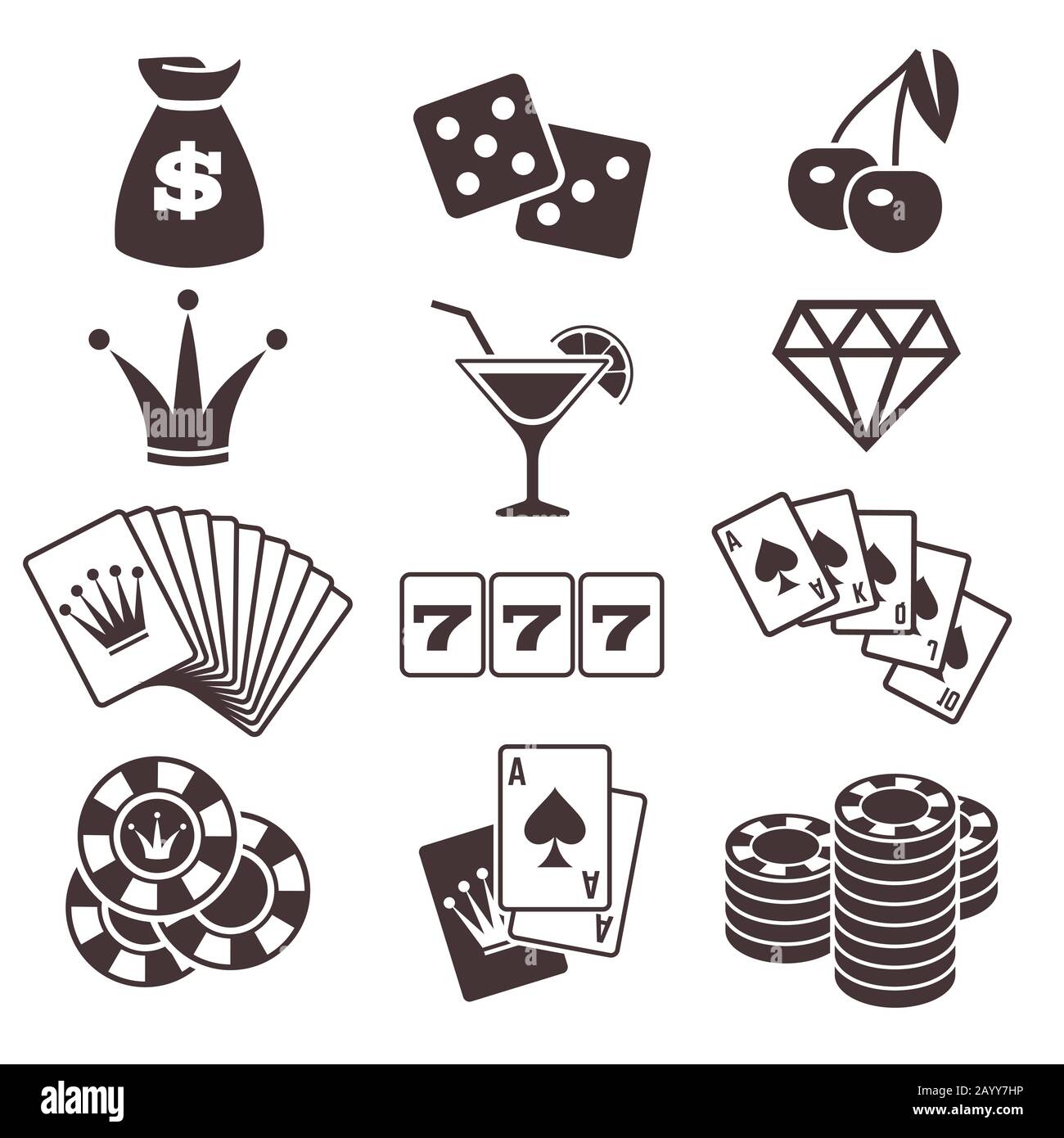 Jeu, et jeu de cartes de poker, casino luck vector icônes définies. Jouez en dés et en blackjack illustration Illustration de Vecteur