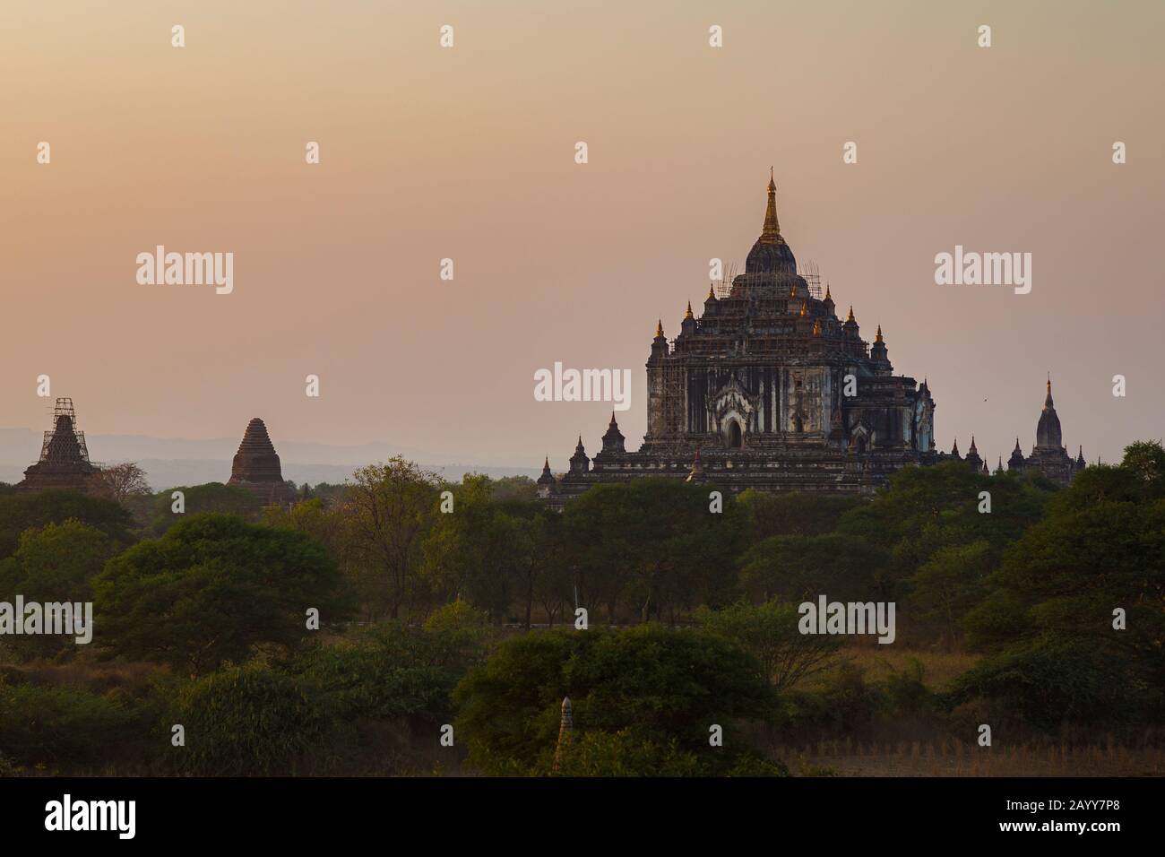 Vue de l'ancien temple de Bin NYU (Thatbinnyu) à Bagan, Myanmar (Birmanie) au coucher du soleil. Temple est en cours de restauration après un tremblement de terre. Banque D'Images