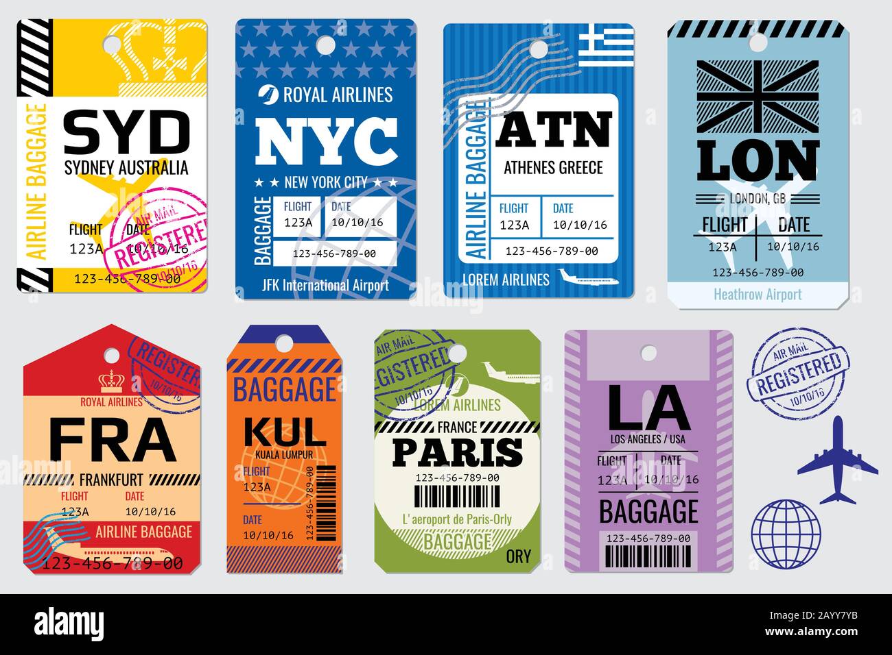 Étiquettes à bagages rétro et étiquettes de voyage Vector stock. Illustration de l'étiquette pour les bagages Illustration de Vecteur