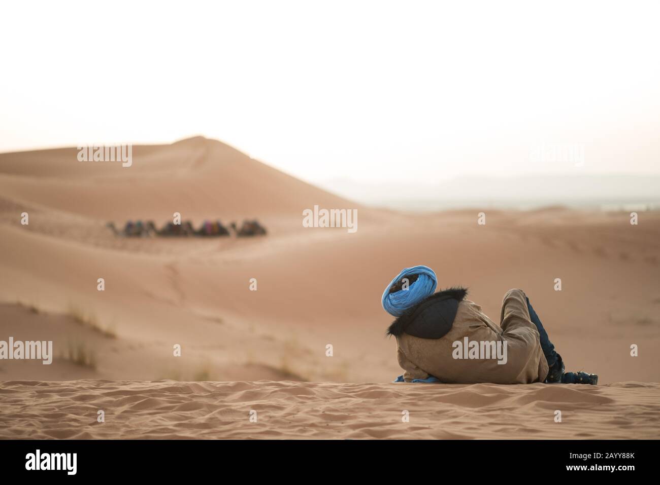 Berbère regardant un groupe de chameaux dromadaires dans les dunes du désert du Sahara. Banque D'Images