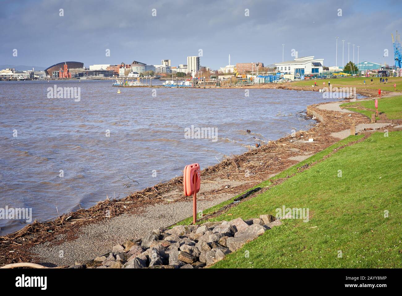 Des débris et du bois dérivant s'est lavé sur le rivage de la baie de Cardiff après que la tempête Dennis a rempli les rivières Taff et Ely Banque D'Images