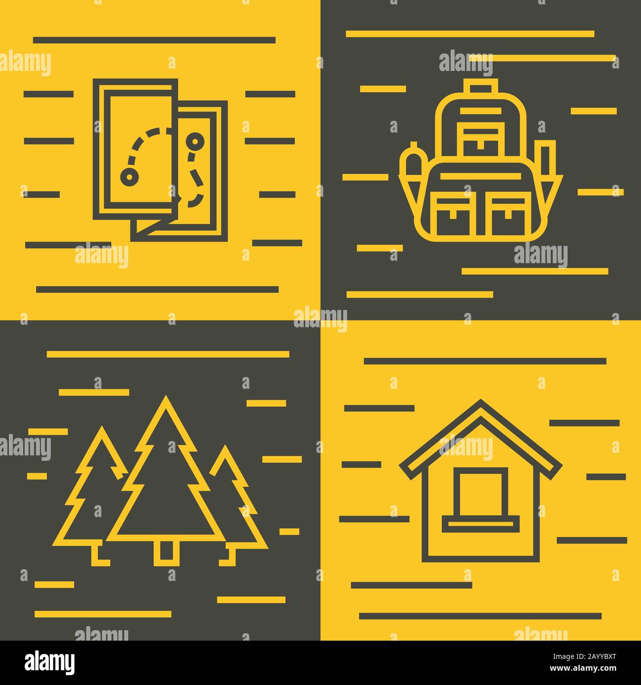 Icônes de la ligne touristique routière sur fond jaune et marron. Tourisme de voyage et randonnée, illustration vectorielle Illustration de Vecteur