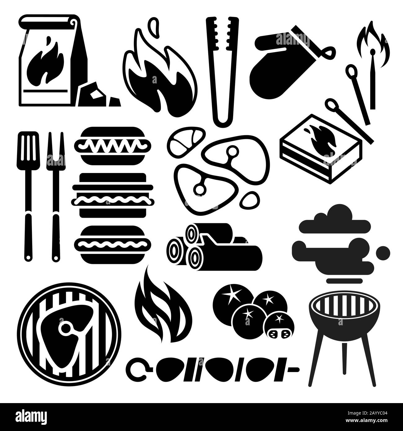 Barbecue noir, dépliant alimentaire, icônes vectorielles barbecue. Barbecue et viande. Cuisine déjeuner barbecue avec boeuf sur l'illustration du feu Illustration de Vecteur