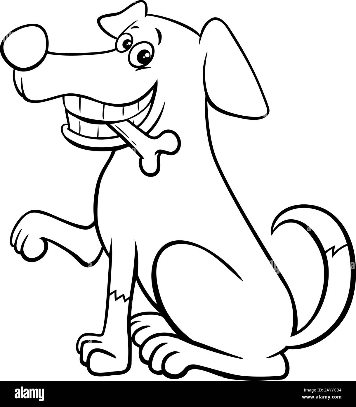 Black And White Cartoon Illustration De Drôle Chien Assis Comic Animal Personnage Avec Os Coloring Book Page Illustration de Vecteur