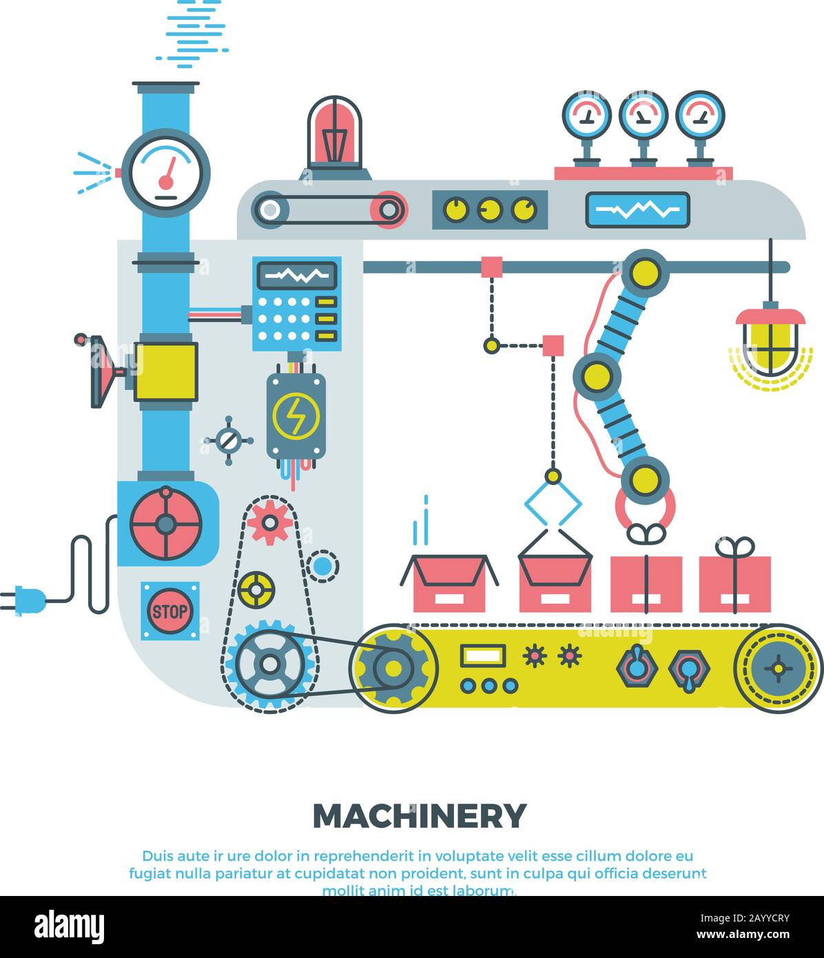 Machine industrielle robotisée abstraite, machines de style vectoriel plat. Illustration de robot de machines industrielles et technologie de machines de convoyeur Illustration de Vecteur