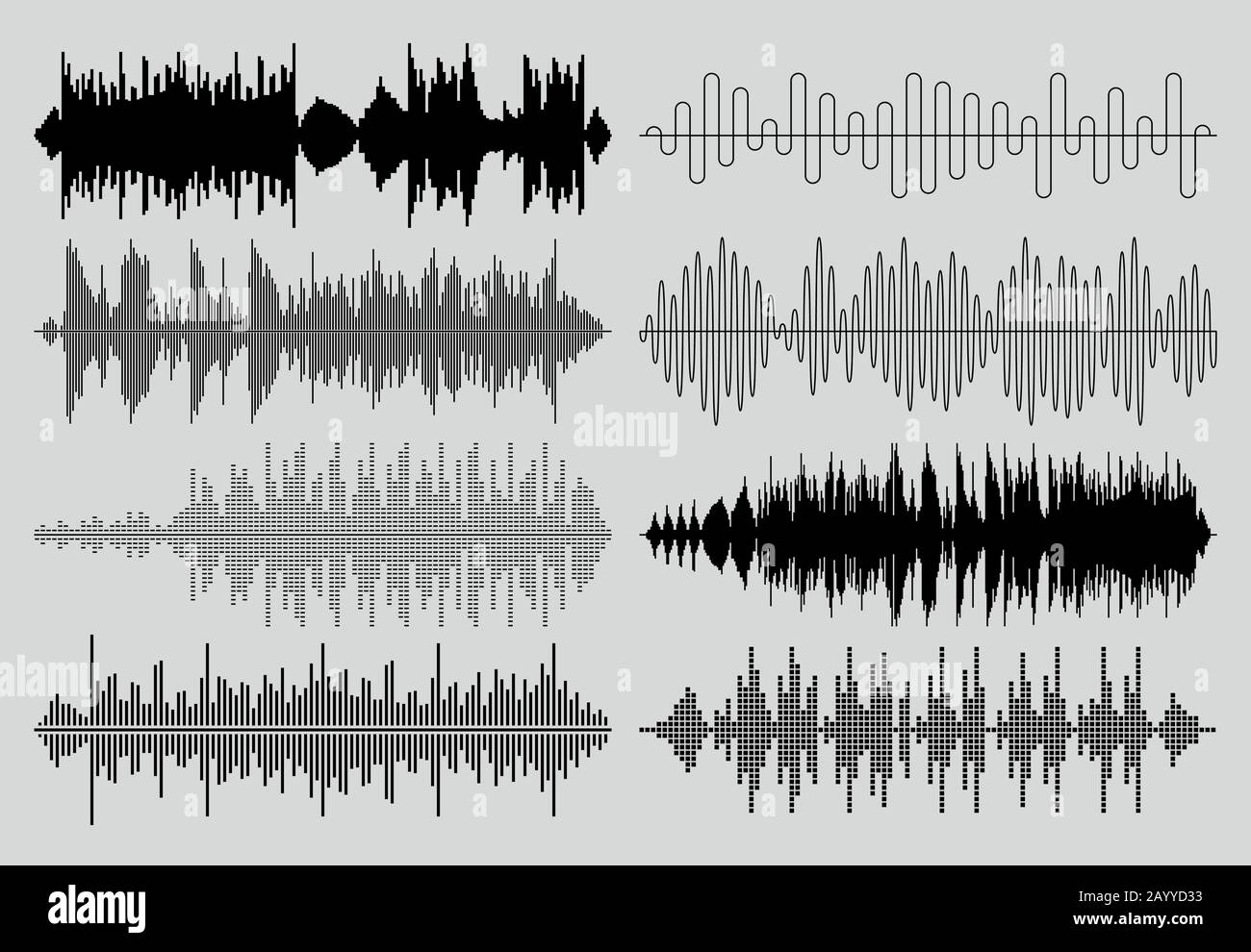 Jeu de vecteurs d'ondes sonores. Impulsions musicales ou graphiques sonores de technologie audio. L'égaliseur lit les ondes sonores Illustration de Vecteur