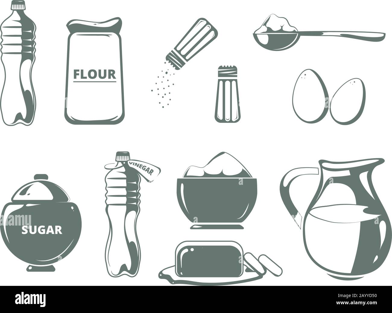 Ensemble vectoriel monochrome d'ingrédients de cuisson. Ingrédient pour la cuisson, illustration du beurre et de la farine pour la cuisson Illustration de Vecteur
