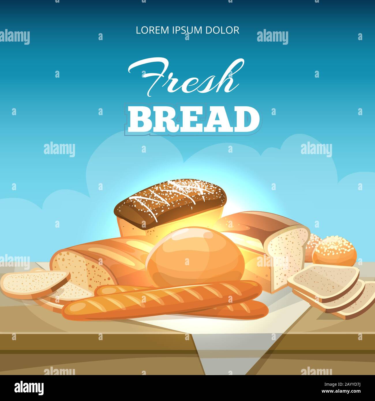 Arrière-plan vectoriel de concept de pain. Modèle d'affiche de boulangerie. Baguette et collation d'illustration de pain de boulangerie Illustration de Vecteur