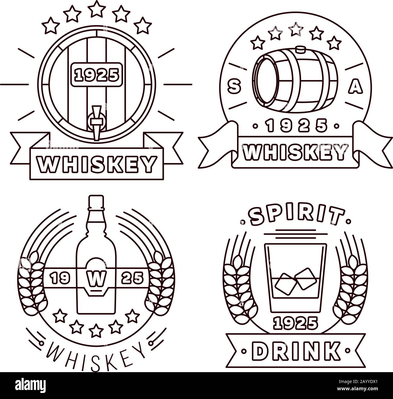 Logo représentant un whisky d'illustration dans un style ligne fine. L'alcool à base de whisky Vector boit des étiquettes modernes pour le pub et le bar à whisky Illustration de Vecteur