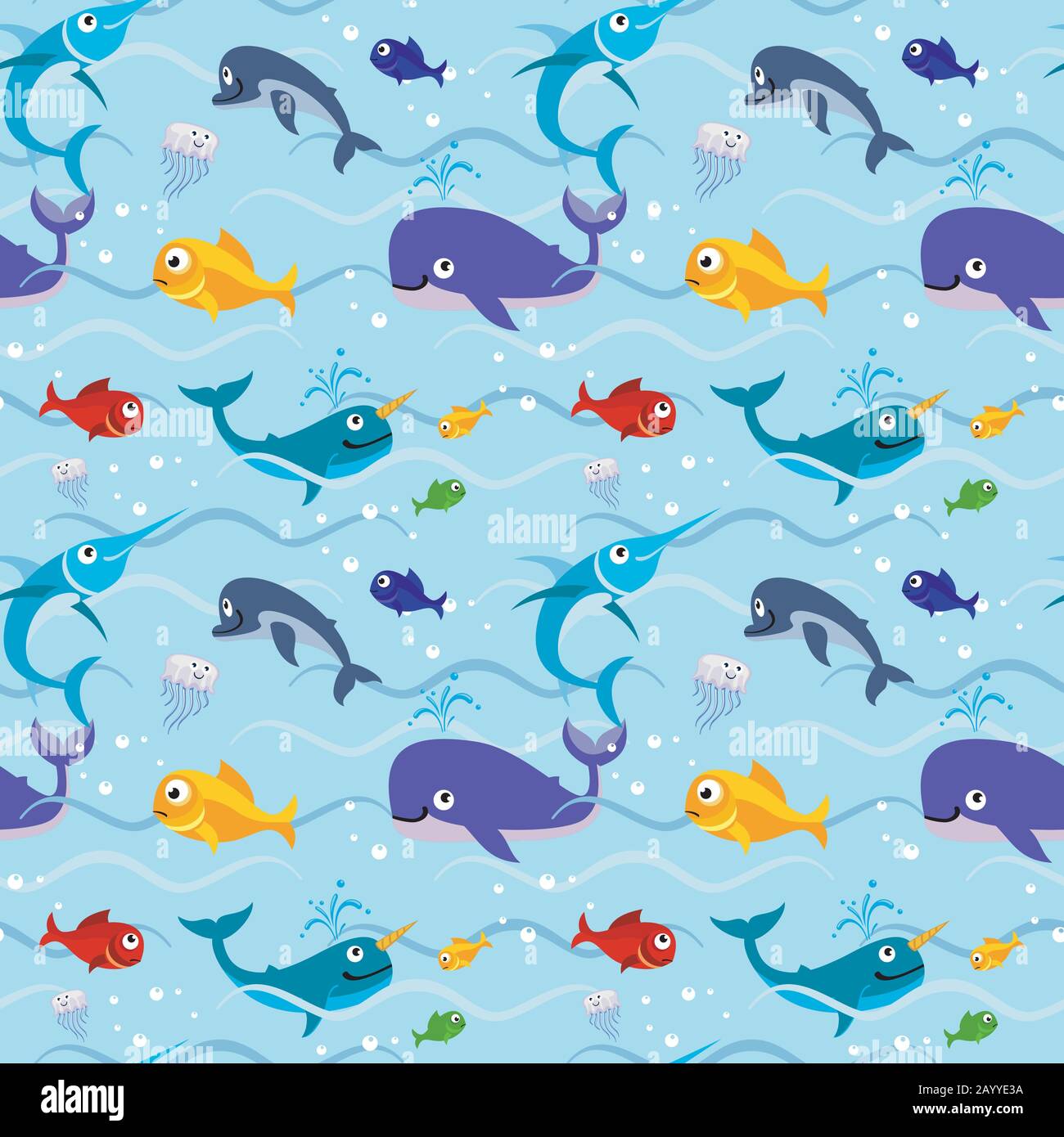 Les enfants drôles pêchent dans l'eau sans soudure fond vectoriel. Motif coloré sous-marin avec illustration de baleines Illustration de Vecteur