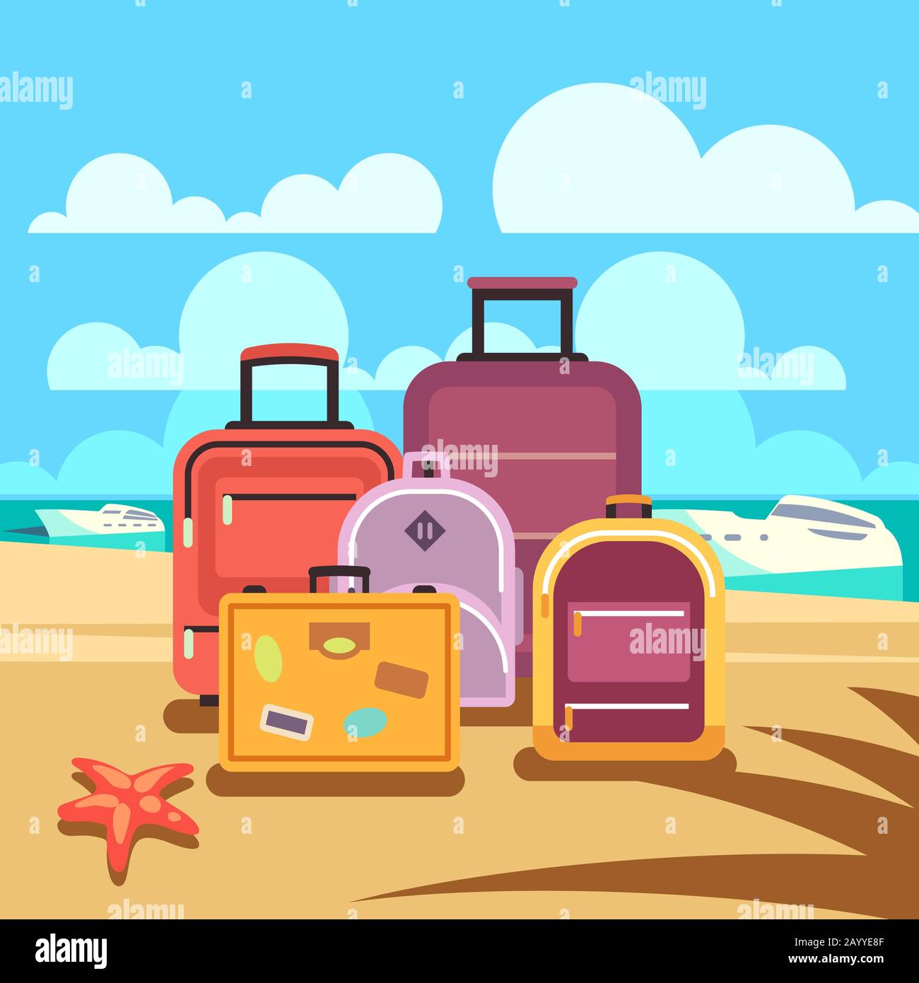 Planification des voyages, vacances d'été, tourisme vectoriel fond avec bagages de passager. Voyage d'été et bagages pour l'illustration du voyage d'été Illustration de Vecteur
