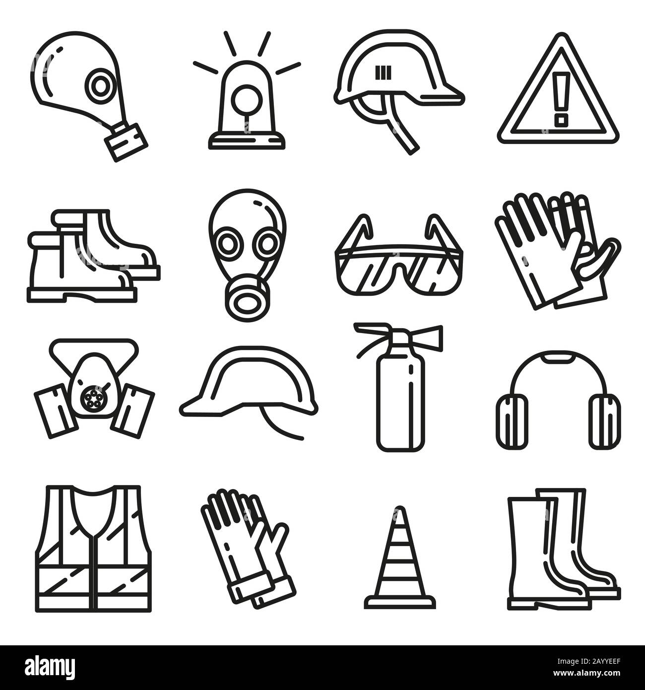 Les éléments de protection de travail de sécurité définissent des icônes fines de ligne vectorielle. Objet pour le style linéaire de protection. Masque de protection professionnel masque de protection respiratoire et vêtements illustration de protection Illustration de Vecteur