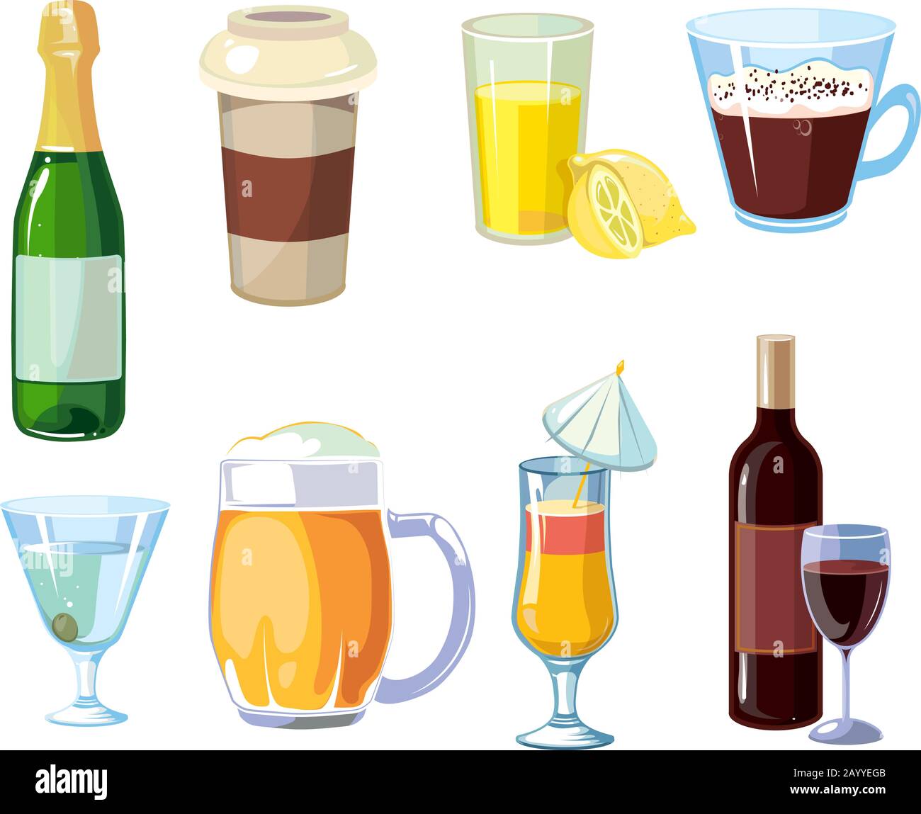 Boissons alcoolisées et non alcoolisées. Différentes boissons avec bouteilles et verres. Icônes vectorielles Illustration de Vecteur
