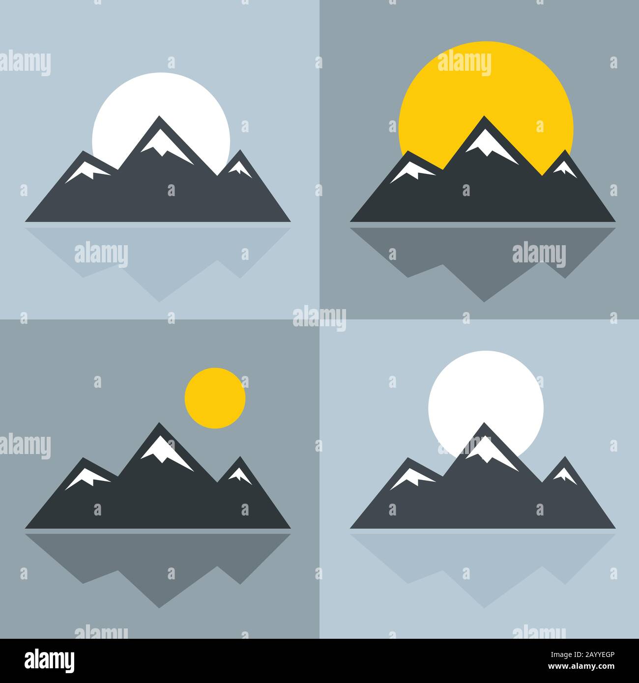 Les icônes de montagne avec le soleil et la réflexion. Montagne avec pic enneigé. Illustration vectorielle Illustration de Vecteur
