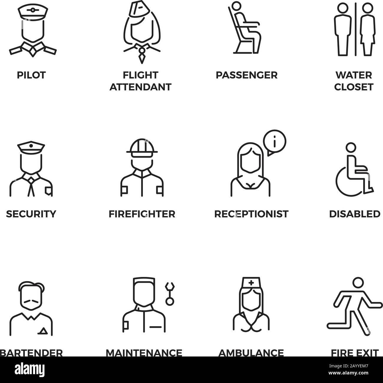 Icônes vectorielles linéaires du personnel de l'aviation. Le pilote, le passager, l'hôtesse, l'agent de sécurité présente les symboles. Illustration personnel pour hôtesse et infirmière de l'aviation, ensemble de lignes d'icône pour l'aéroport Illustration de Vecteur