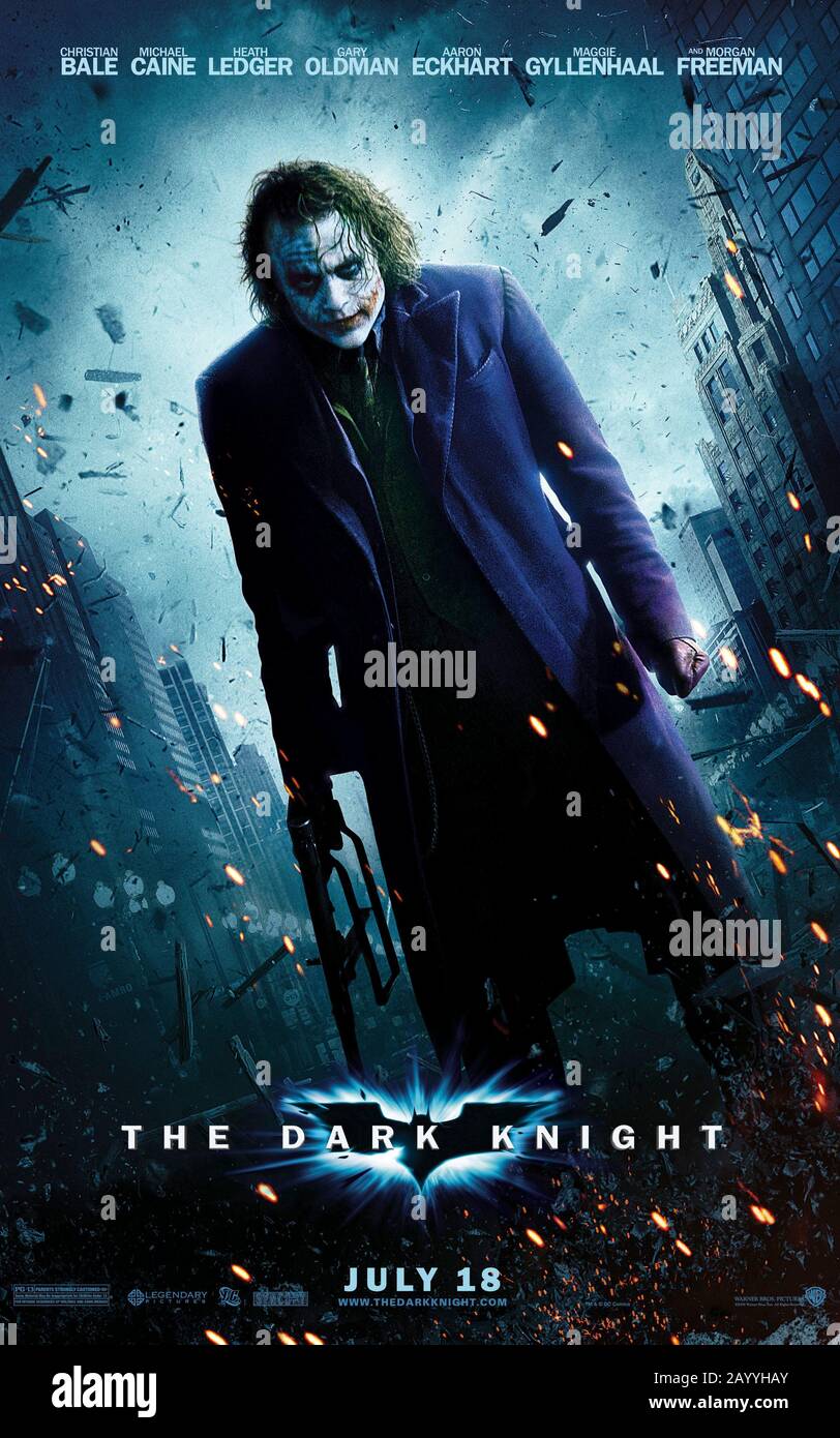 The Dark Knight (2008) réalisé par Christopher Nolan et mettant en vedette Christian Bale, Heath Ledger, Aaron Eckhart et Michael Caine. Le Joker teste Gotham et Batman cherche un chevalier blanc pour combattre le monde criminel de Gotham. Affiche d'une feuille US. **USAGE ÉDITORIAL SEULEMENT** crédit : BFA / Warner Bros Banque D'Images