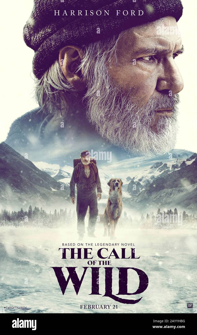 The Call of the Wild (2020) réalisé par Chris Sanders et mettant en vedette Karen Gillan, Harrison Ford, Cara Gee et Dan Stevens. L'histoire de Jack London, qui a lieu au cours de la ruée vers l'or du Klondike dans les années 1890, est celle d'un chien de traîneau nommé Buck qui atteint le grand écran. Banque D'Images