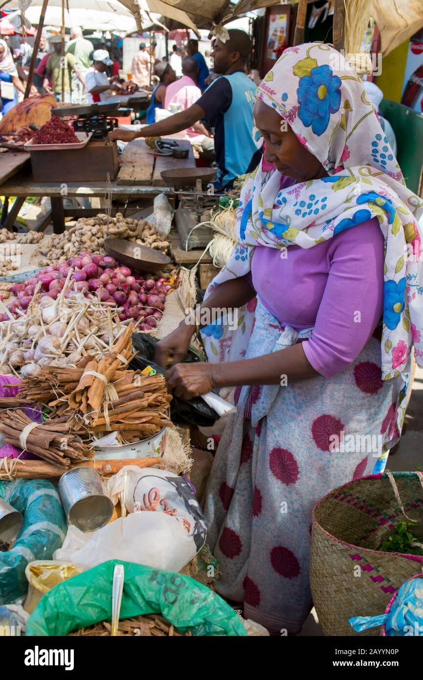 Femme vendant de la cannelle, des échalotes, de l'ail et du gingembre sur le marché à Antsiranana (Diego Suarez), Madagascar. Banque D'Images