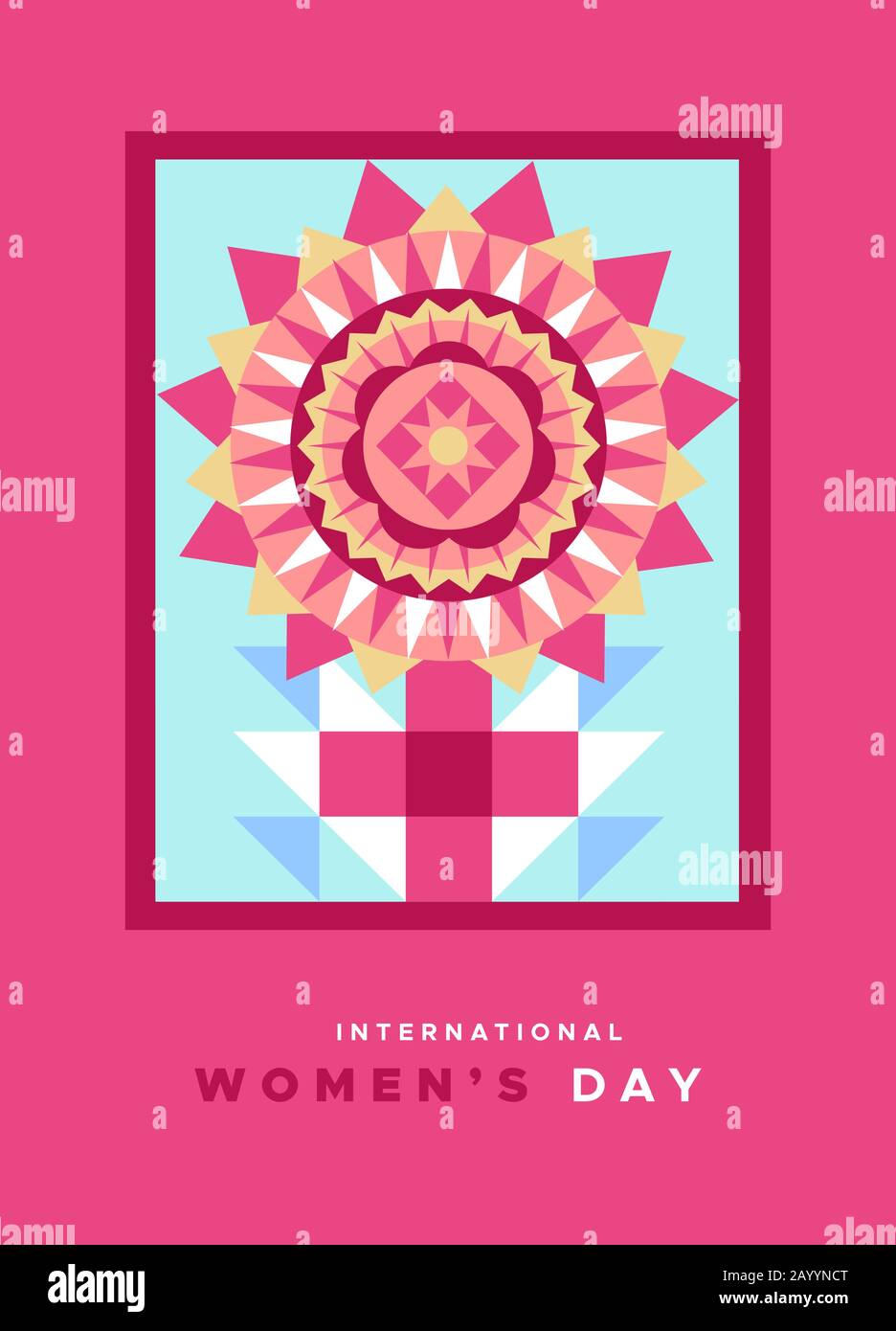 Carte de vœux internationale pour femmes illustration du symbole femelle rose dans un style géométrique abstrait. Signe femme fabriqué avec mosaïque plate FLO Illustration de Vecteur