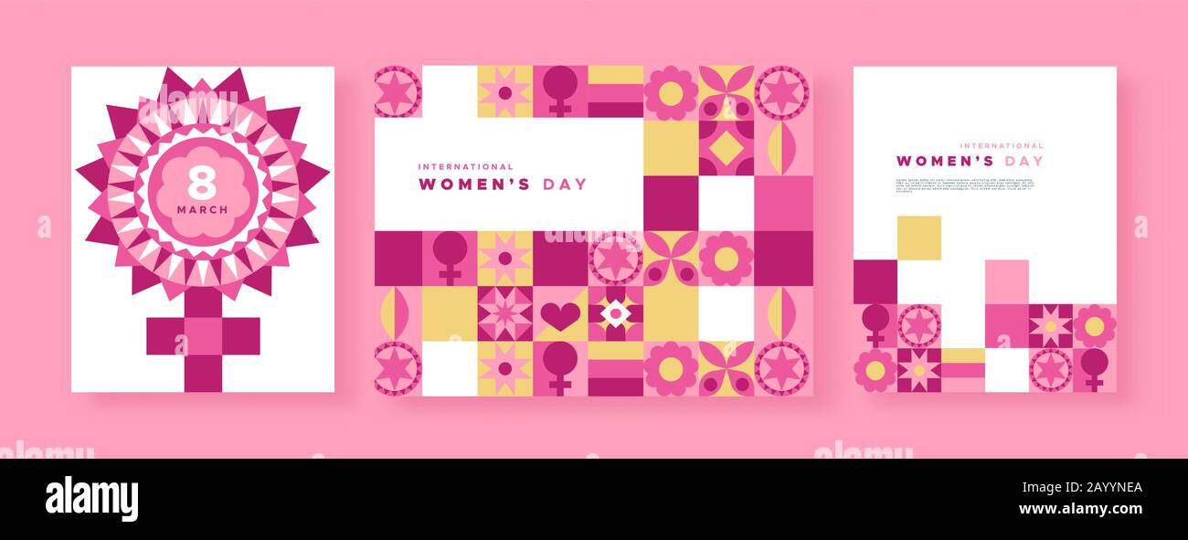 Carte de vœux internationale pour les femmes pour l'événement féminin du 8 mars. Illustration du symbole femelle rose dans un style géométrique abstrait avec patc féminin Illustration de Vecteur