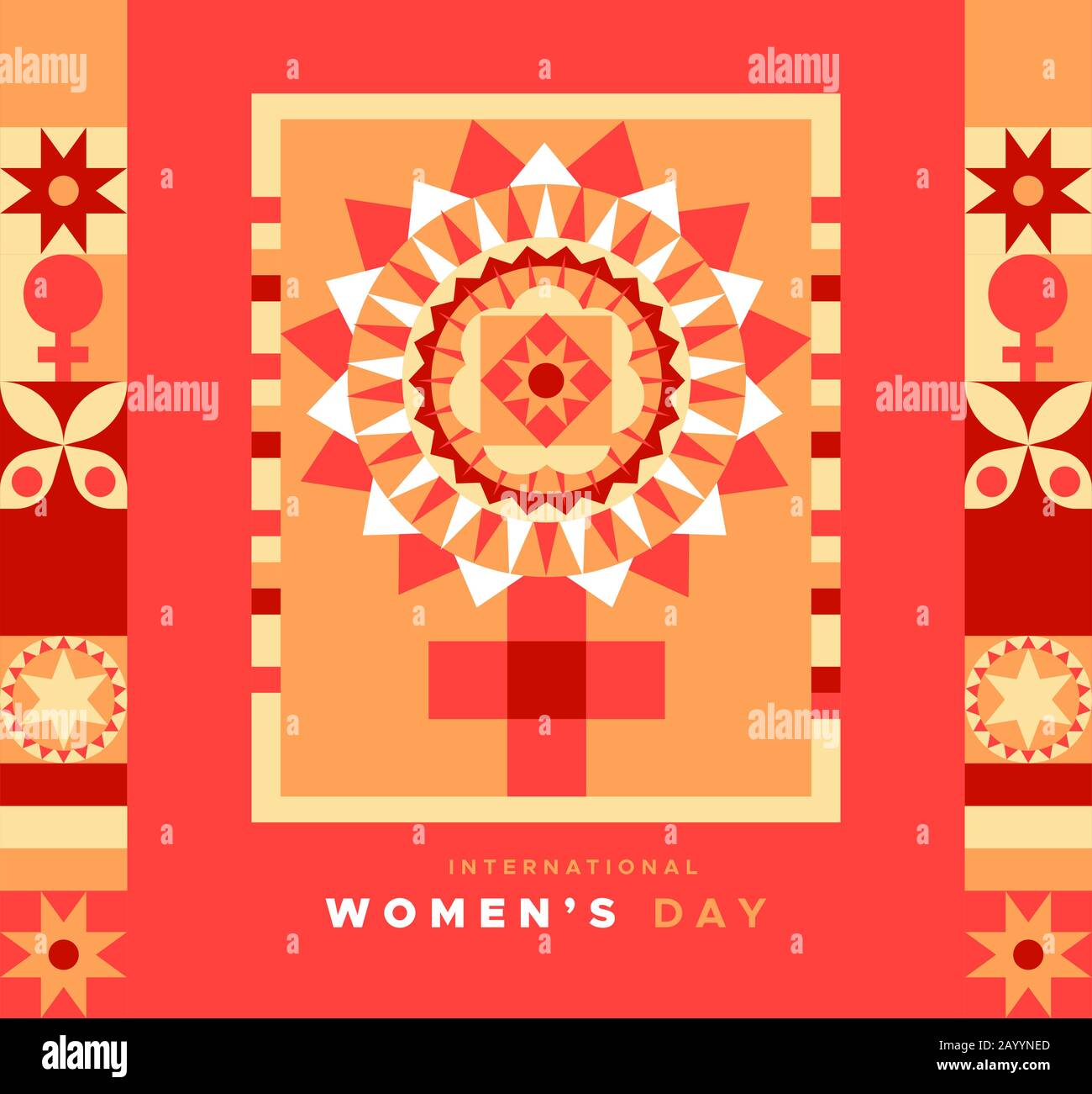 Carte de vœux internationale pour femmes illustration du symbole féminin dans un style géométrique abstrait. Signe femme fait avec mosaïque plat patchwork art. Illustration de Vecteur