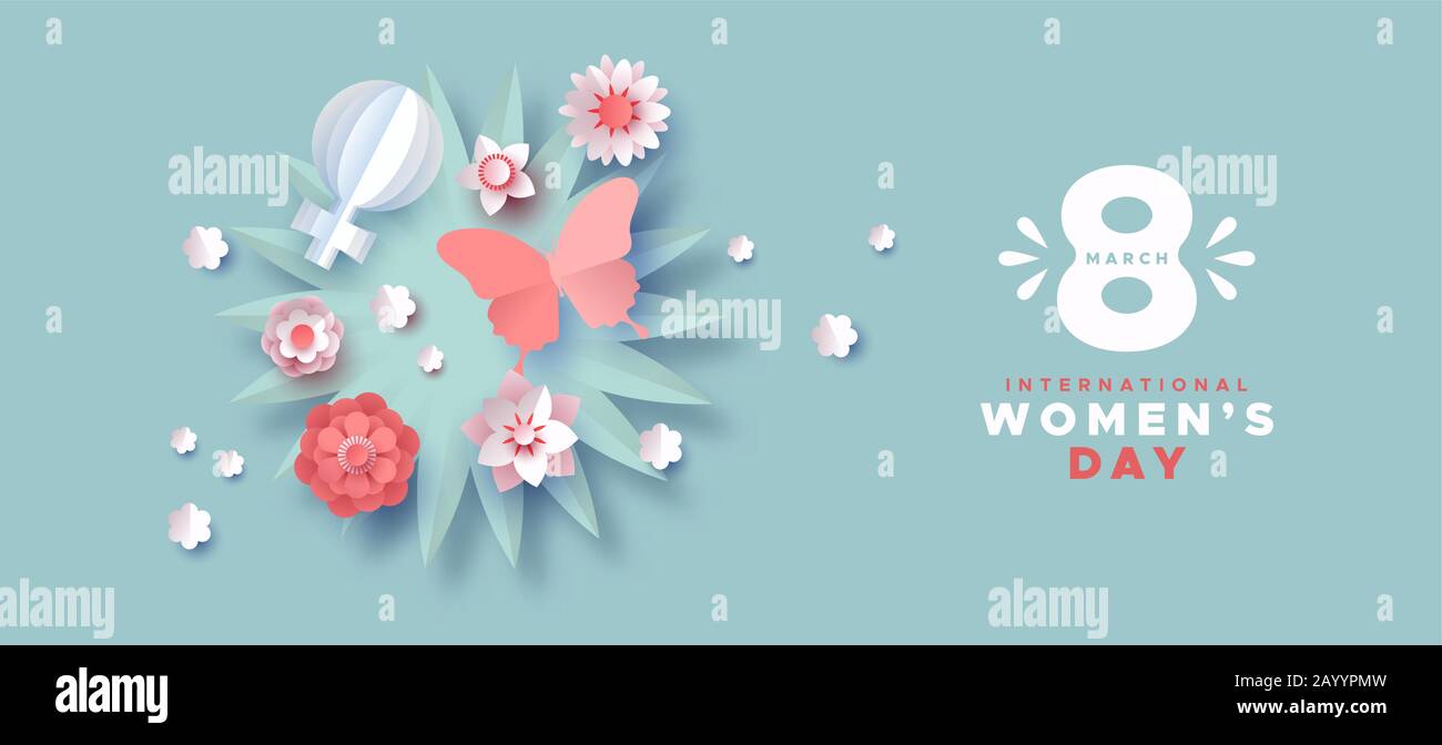 Happy Women Day 8 mars illustration de bannière. Fleurs en relief mignonnes, papillons et symbole féminin dans le style d'artisanat origami pour les femmes internationales Illustration de Vecteur