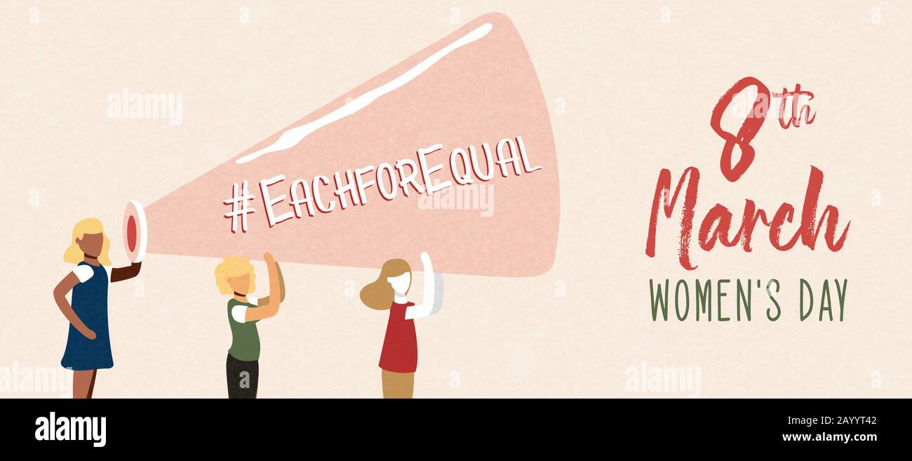Journée internationale de la femme Pour la bannière de campagne EQUAL de diverses équipes de filles tenant du mégaphone, 8 mars concept d'événement social. Illustration de Vecteur