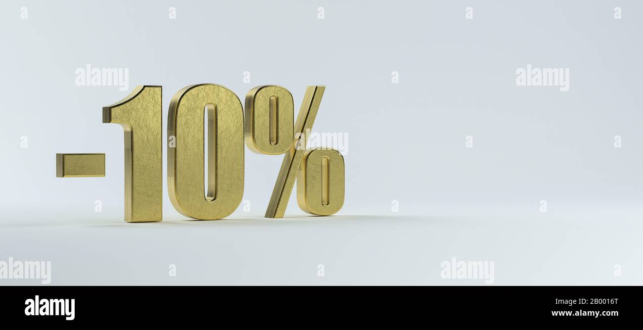 Texte en laiton '-10%' sur fond blanc - illustration en relief Banque D'Images