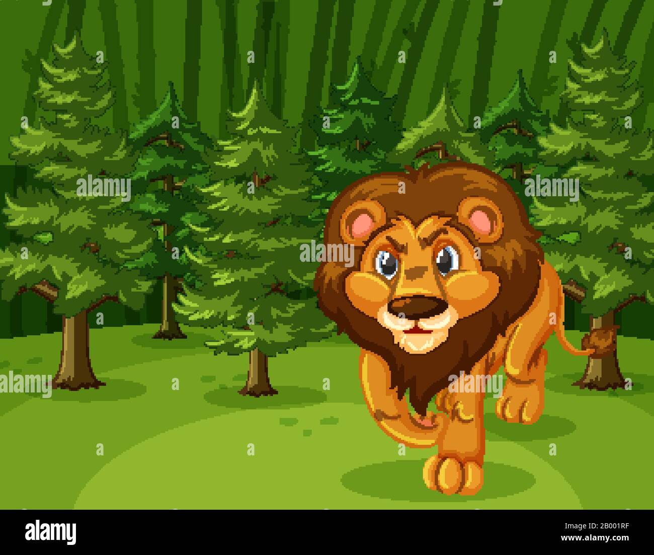 Scène avec lion sauvage marchant dans l'illustration de la forêt verte Illustration de Vecteur