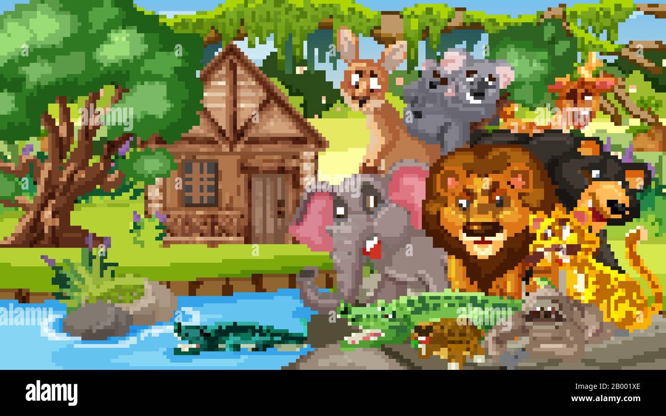 Scène avec de nombreux animaux sauvages dans l'illustration de la forêt Illustration de Vecteur