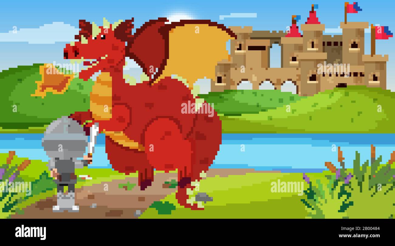 Scène avec chevalier et dragon en terre conte illustration Illustration de Vecteur
