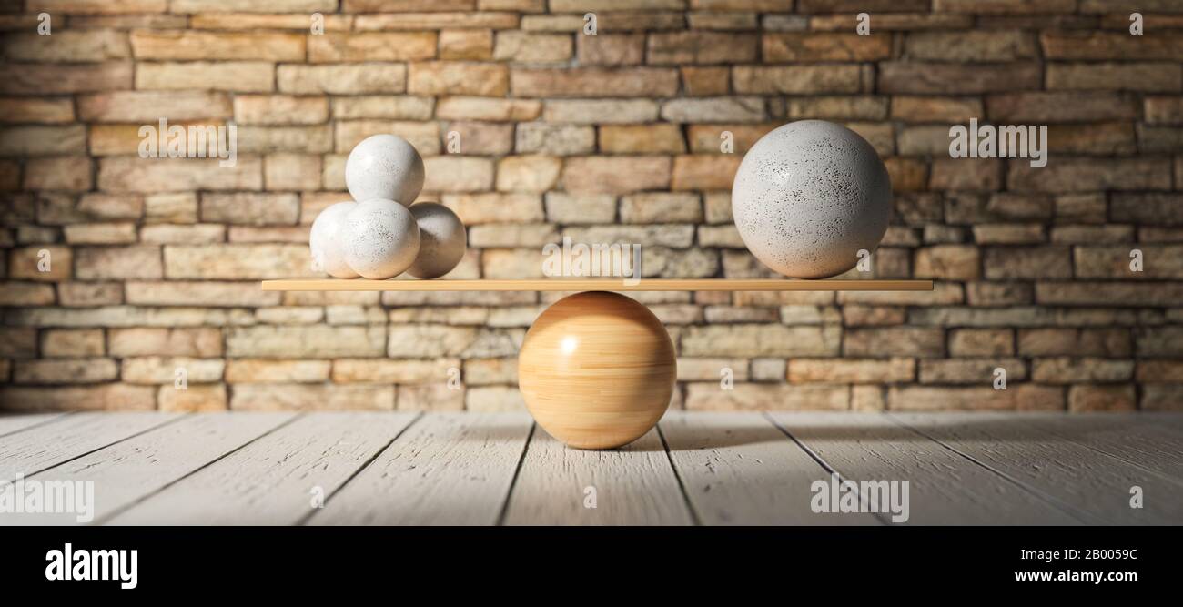 Balance en bois une grosse balle et quatre petites sur parquet - illustration en 3 dimensions Banque D'Images