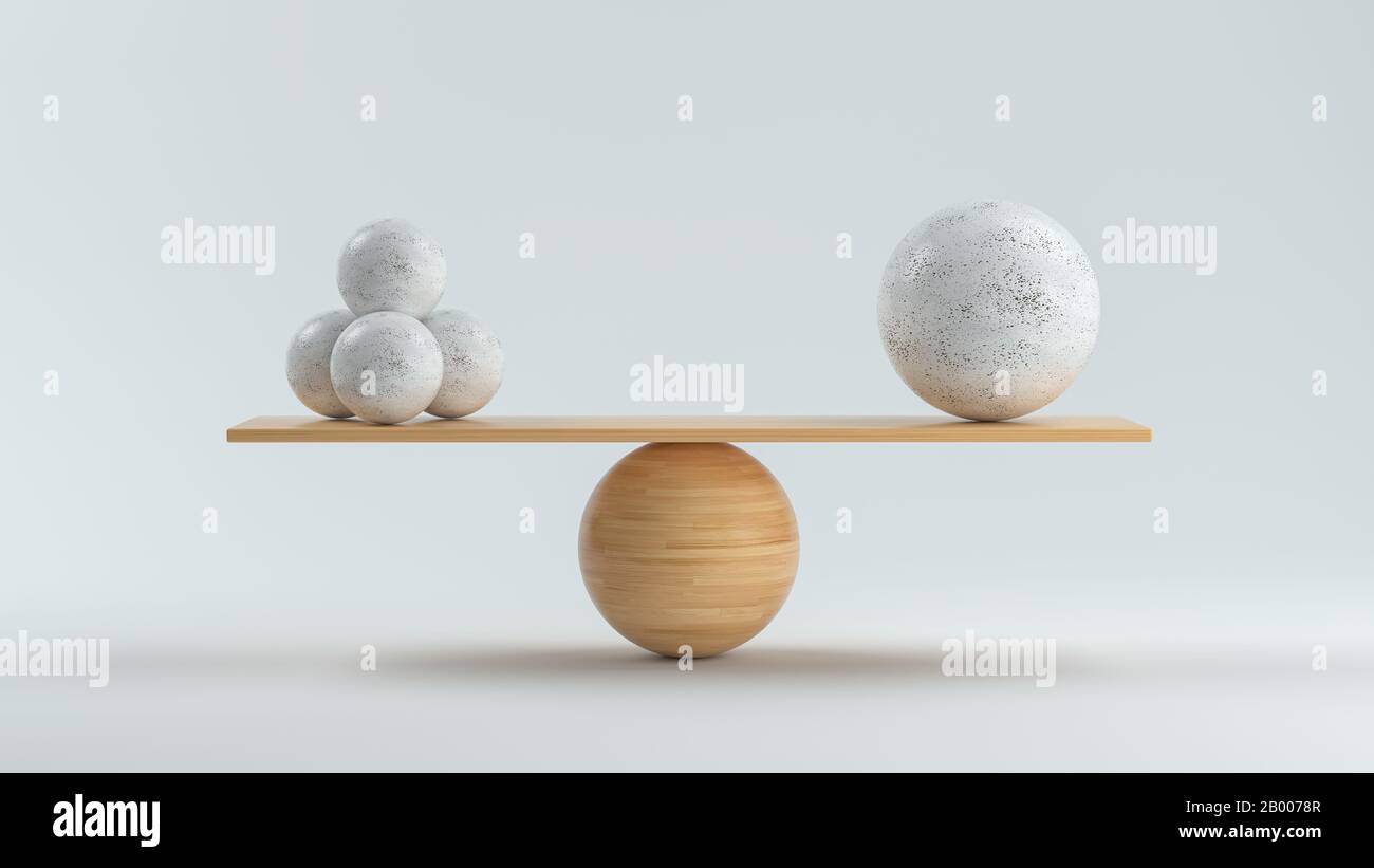 Balance en bois une grosse balle et quatre petites en avant fond blanc - illustration en 3 dimensions Banque D'Images
