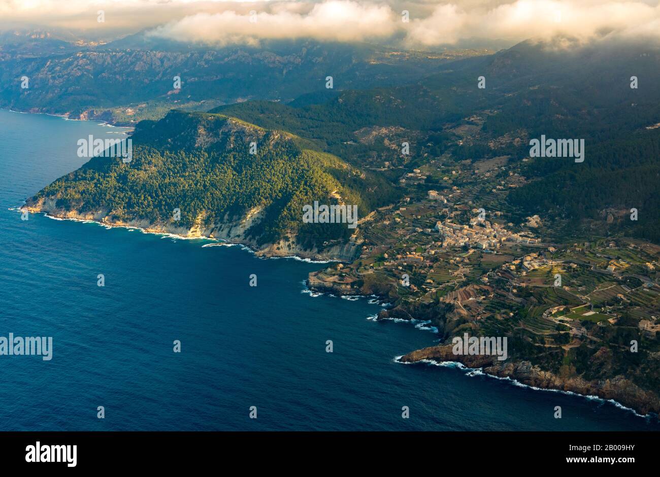 Vue aérienne, Punta de Sóller, Peninsula, Serra de Tramuntana, Sóller, Europe, Iles Baléares, Espagne, ES, España, vue panoramique, moun Banque D'Images
