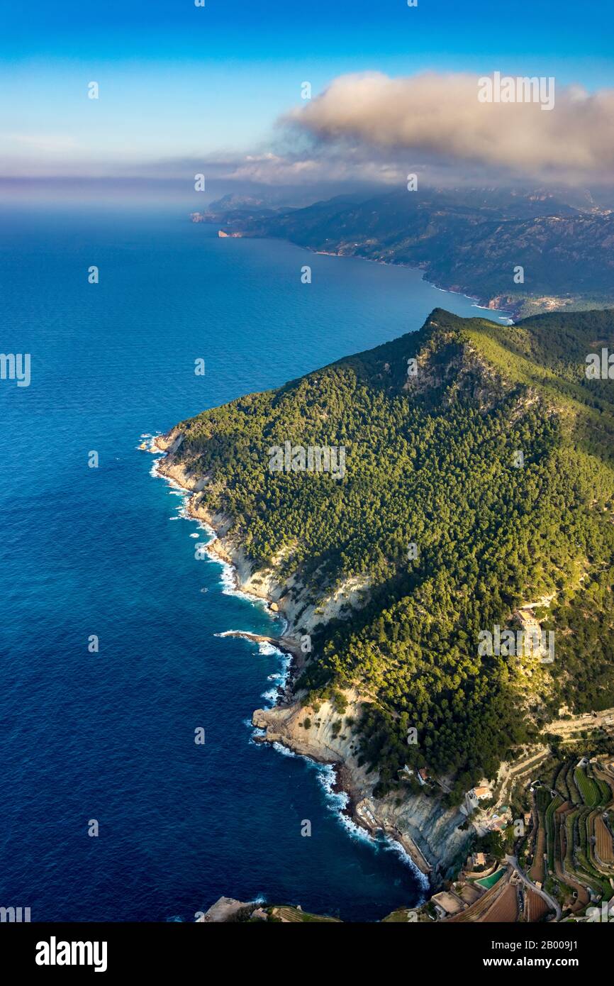 Vue aérienne, Punta de Sóller, Peninsula, Serra de Tramuntana, Sóller, Europe, Iles Baléares, Espagne, ES, España, vue panoramique, moun Banque D'Images