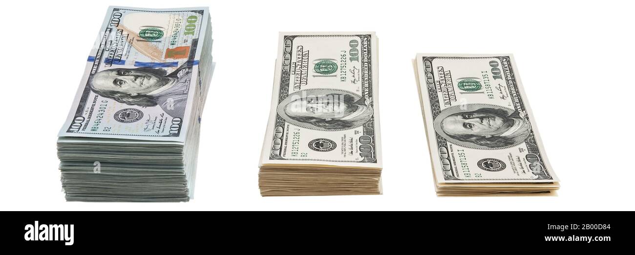Paquet de billets de banque en dollars US 100 isolé sur fond blanc Banque D'Images