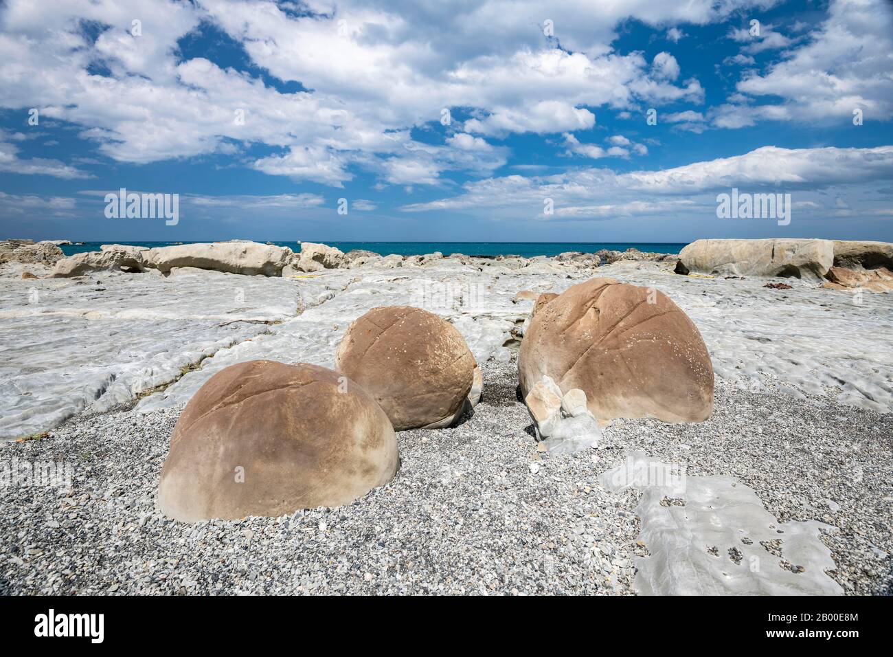 Boulders de quartier, balles rondes en pierre, quartier, district de Marlborough, île du Sud, Nouvelle-Zélande Banque D'Images