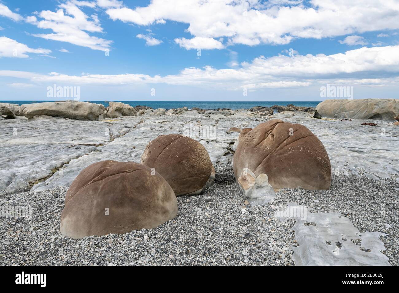 Boulders de quartier, balles rondes en pierre, quartier, district de Marlborough, île du Sud, Nouvelle-Zélande Banque D'Images