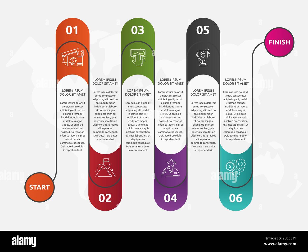 Infographie temporelle des routes vectorielles abstraites. Illustration vectorielle avec 6 étiquettes. Six étapes pour le contenu, le graphique, les diagrammes, le diaporama. Chemin étape par étape Illustration de Vecteur