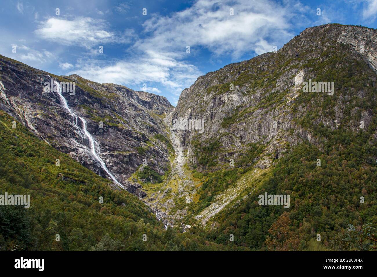 Paysage de montagne avec chute d'eau, Parc national Dovrefjell-Sunndalsfjella, Norvège Banque D'Images