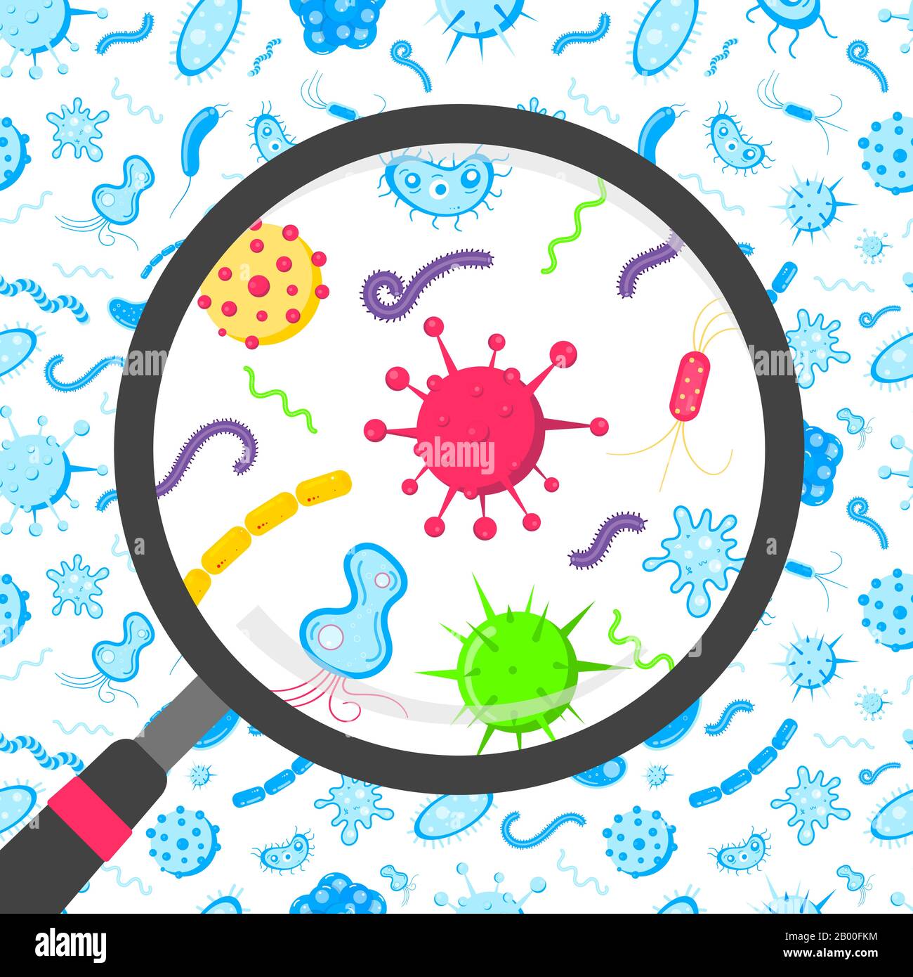 Microbes et bactérias dans la loupe circulaire illustration vectorielle de style plat isolée sur fond blanc. Illustration de Vecteur