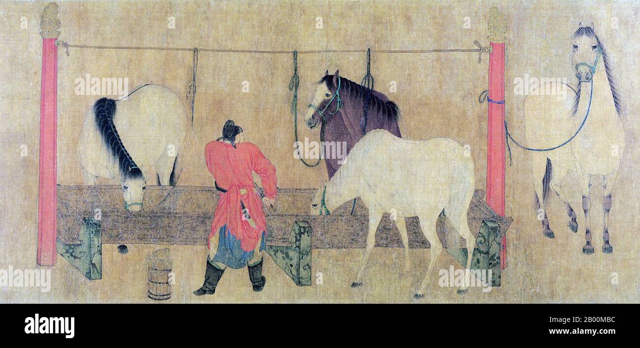 Chine : chevaux dans une écurie, détail d'un défilement à la main par Ren Renfa (1254–1327), encre et couleurs sur la peinture de soie, 1324, dynastie Yuan. Les chevaux Ferghana ont été l'une des premières importations majeures de la Chine, originaires d'une région d'Asie centrale. Dayuan, au nord de Bactria, était une nation centrée dans la vallée de Ferghana de l'Asie centrale actuelle, et même dès la dynastie Han, la Chine a projeté sa puissance militaire dans cette région. Le régime impérial exigeait des chevaux Ferghana et en importait un grand nombre que les dirigeants de Ferghana fermait leurs frontières à un tel commerce. Banque D'Images