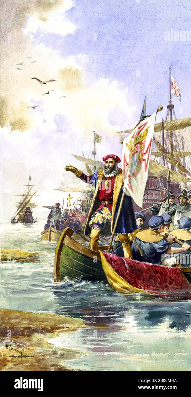Inde: 'Vasco da Gama Lands at Kozhikode (Calicut), 20 mai 1498'. Peinture aquarelle par Ernesto Casanova (1845-), 1880. Vasco da Gama, 1er comte de Vidigueira (1460 ou 1469-1524) était un explorateur portugais, l'un des plus réussis dans l'âge européen de la découverte et le commandant des premiers navires à naviguer directement de l'Europe à l'Inde. Pendant une courte période en 1524, il a été gouverneur de l'Inde portugaise sous le titre de Viceroy. Banque D'Images