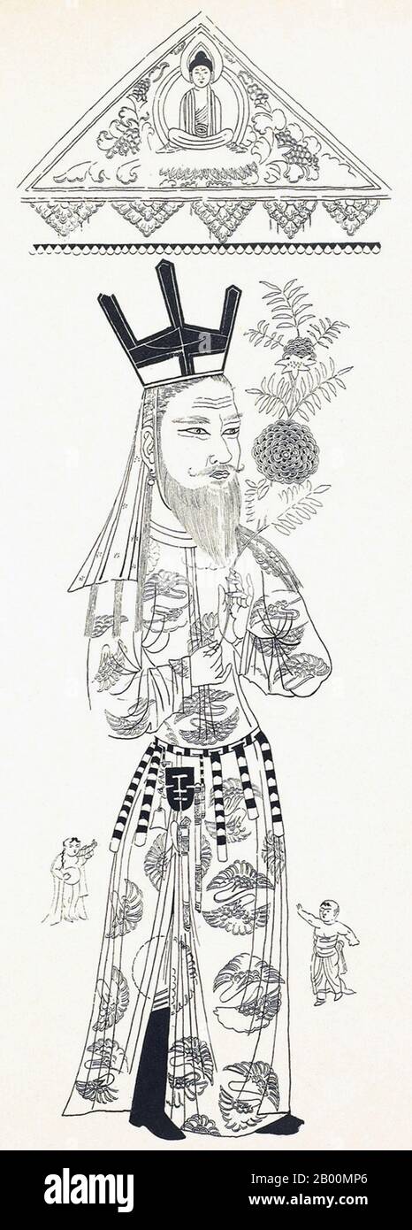 Chine: Bezeklik mille grottes de Bouddha, Turfan, Xinjiang: Une bannière avec la peinture d'un donneur, peut-être un prince ouïghour (dessin de contour). Les grottes de Bézéklik, mille Bouddha (Bozikeli Qian FO Dong) sont des complexes de grottes bouddhistes datant du 5 au 9 ème siècle. Il y a 77 grottes de roche sur le site. Certains plafonds sont peints avec un grand Bouddha entouré d'autres personnages, dont les Indiens, les Perses et les Européens. La qualité des peintures murales varie avec certaines étant naïves d'un point de vue artistique, tandis que d'autres sont des chefs-d'œuvre d'art religieux Banque D'Images